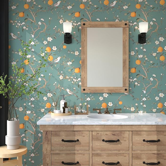 Green Floral Wallpaper Peel and Stick, Birds Contact Paper Orange Fruits
