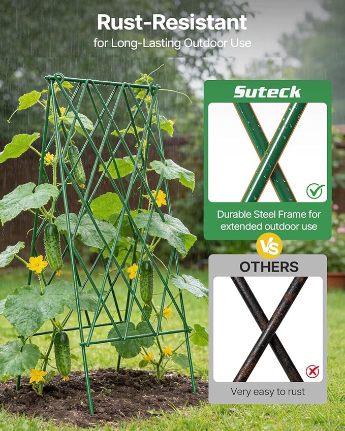 Suteck Cucumber Trellis 39.2" 2 Pack A-Frame – Foldable Metal Garden Trellis for Cucumbers, Peas, Beans & Climbing Plants, No Assembly Required Plant Support, Ideal for Raised Beds, Patios & Backyards