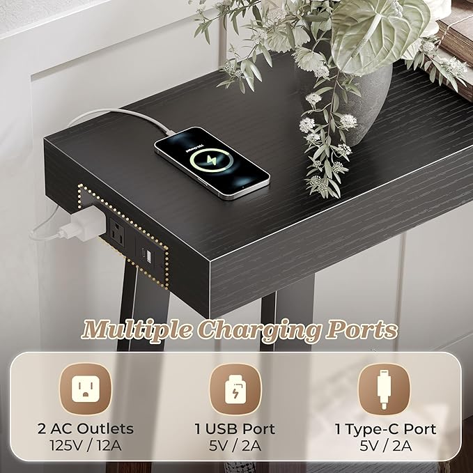 Huuger Entryway Console Table with Charging Station, USB-C Port, 47.2 Inch Sofa Table with Metal Legs, Entry Hallway Table with Thicker Desktop, Modern Behind Couch Table, Black