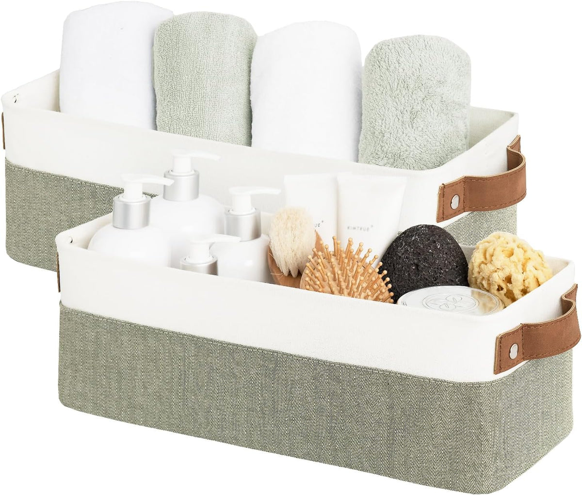 StorageWorks Narrow Storage Bins, Small Basket for Closet and Shelves, Fabric Organizer with Handles, Toilet Paper Storage, Green and White, 2-Pack