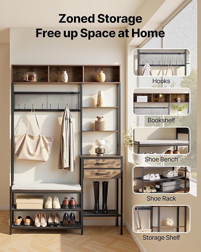 VEVOR Hall Tree with Bench and Shoe Storage, Entryway Bench with Coat Rack, 2 Drawers, 3 Storage Cubbies, 3 Open Shelves, Coat Hooks with Soft Cushion for Entryway, Hallway