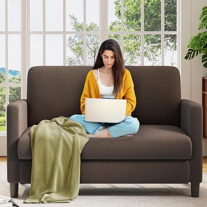 Loveseat Sofa, 51" Love Seat, Comfy Teddy Small Loveseat for Small Spaces, Tool-Free Setup Sofa Couch for Bedroom, All-Wood Couches for Living Room, No Pillow Included, Brown