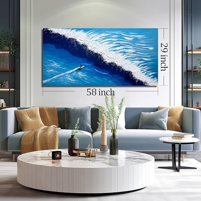 Blue and White Pictures for Wall Bedroom Ocean Hand Painted Wall Art for Office Large Canvas Wall Art for Living Room Size 29 x 58 Inch