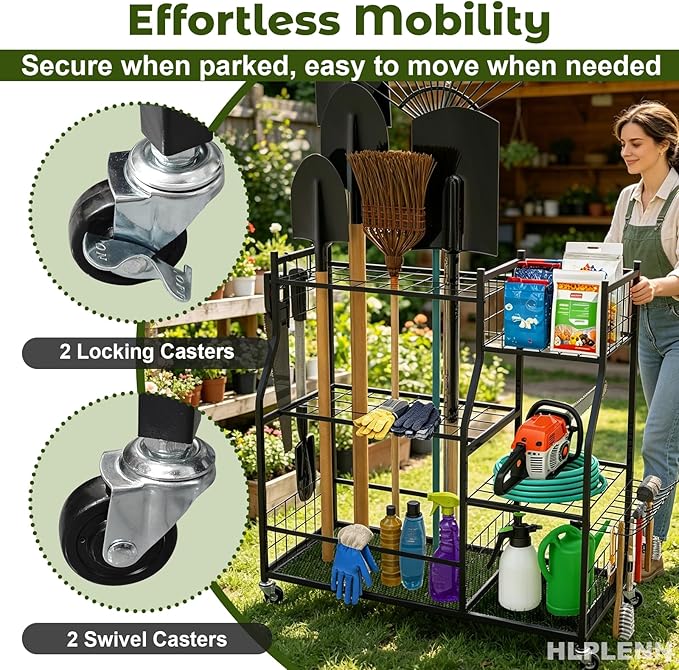 Large Garden Tool Organizer with Wheels, Yard Tool Organizer Stand for Long Handled Tools, Indoor/Outdoor Metal Yard Tool Storage Rack Cart for Garage, Shed, Garden