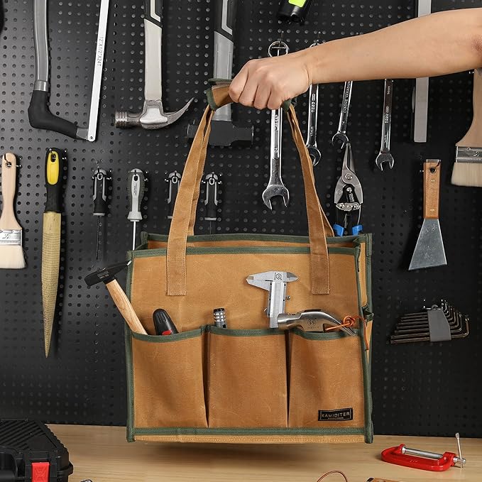 Heavy-Duty 16oz Waxed Canvas Tool Tote Bag - Water-Resistant Wide Mouth Organizer with Reinforced Handle | Large Capacity Tool Storage for Wrenches (16.5" x 12.5" x 6.5", Khaki)