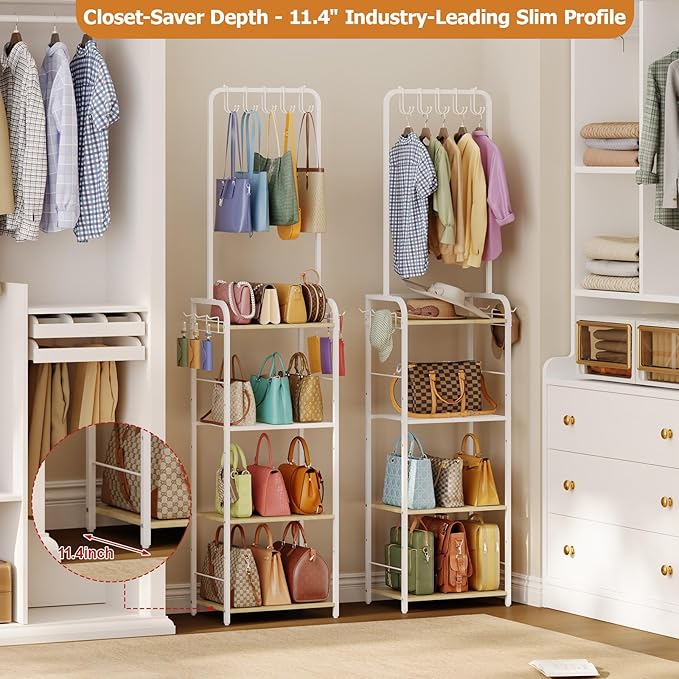 Tall Purse Organizer Stand with 3-Tier Thick Wood + 1-Tier High-Density Mesh, Adjustable Interchangeable, Slim Narrow Freestanding Handbag Rack with 5 Large & 6 Side Hooks, Closet Bag Storage White