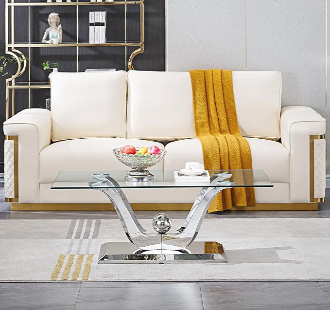 HomVent Modern Glass Coffee Table, with Stainless Steel, Living Room Table for Living Room Bedroom