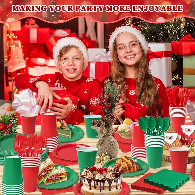 Vyntra 350 PCS Disposable Plates for Party, Paper Plates & Napkins Set with Cups, Knives, Forks, Spoons, 7'' Dessert and 9'' Dinner Plates for Christmas, Holiday Party - Red and Green