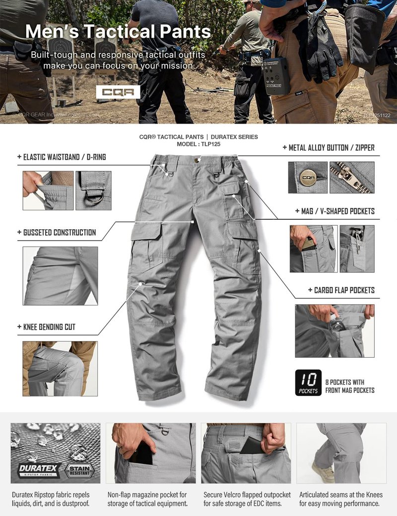 CQR Men's Tactical Pants, Water Resistant Ripstop Cargo Pants, Lightweight EDC Work Hiking Pants, Outdoor Apparel, Duratex Mag Pocket Stone, 44W x 30L