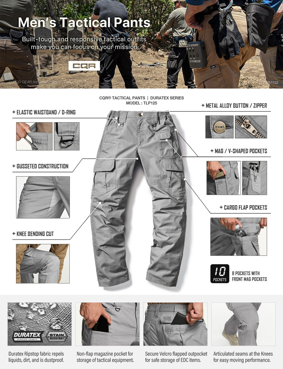 CQR Men's Tactical Pants, Water Resistant Ripstop Cargo Pants, Lightweight EDC Work Hiking Pants, Outdoor Apparel, Duratex Mag Pocket Stone, 40W x 34L