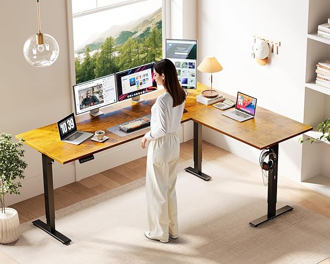 Casaottima 71 Inch Reversible Electric L Shaped Standing Desk, Height Adjustable Corner Stand up Desk, Ergonomic Large Lift Table for Home, Office, Workstation, Reception Room, Rustic Brown
