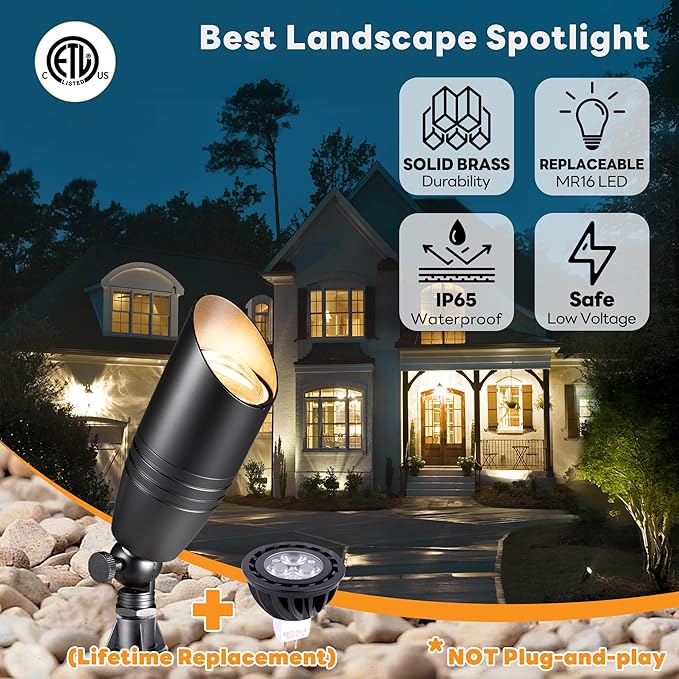 Brass Landscape Lighting - Black Low Voltage Spotlights Outdoor LED, 12V Wired Uplights, Waterproof Spot Lights for Outside Trees with 5W 2700K Warm White MR16 Bulb (4 Pack)