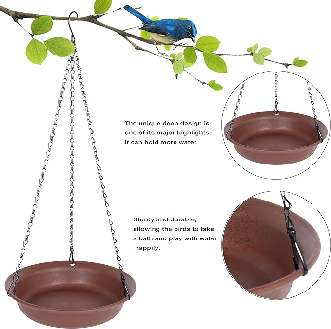 VUWEZ Hanging Bird Bath, Hanging Bird Water Feeder for Outdoors, Feeder Bowl, 2 Pack Birdbath Tray Accessories for Outside, Plastic Birdbaths Tray for Garden Patio Decoration (12", Chocolate)