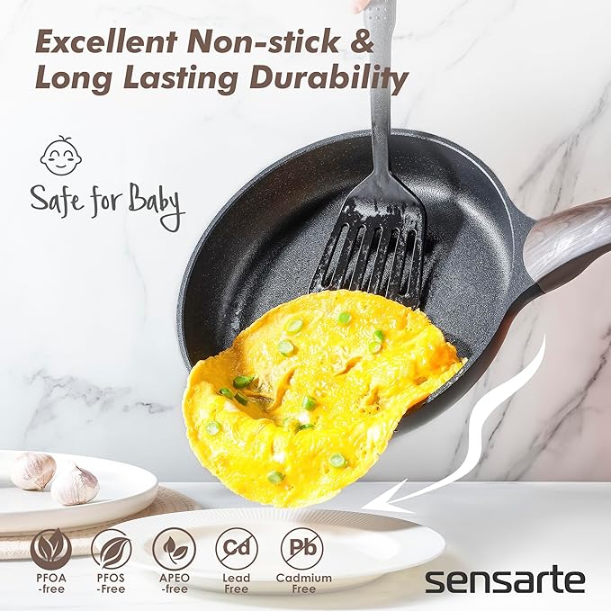 SENSARTE Pots and Pans Set Non stick, Non toxic Healthy Induction Cookware Sets, 14 Pcs Non Stick Kitchen Cooking Set with Frying Pans Set & Saucepan, PFOA PFOS APEO Free, Black
