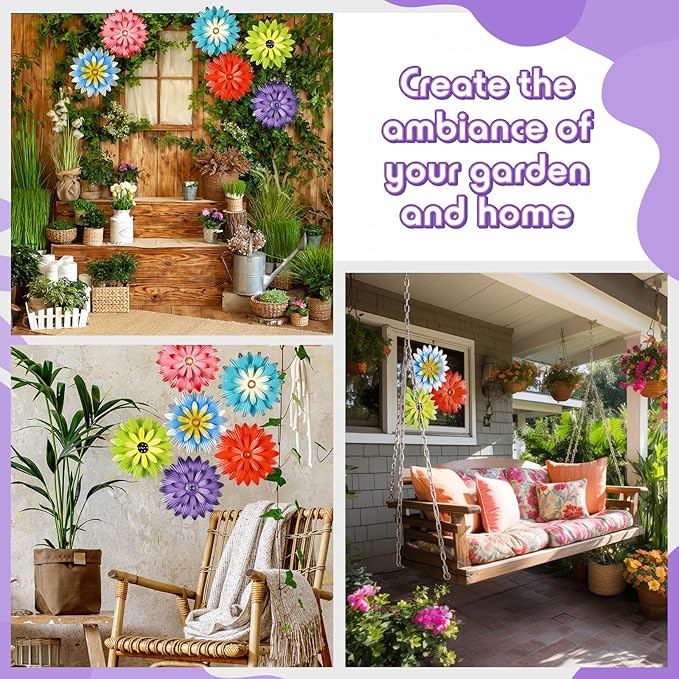 Zhehao 6 Pcs Metal Flower Wall Art Decor 12 Inch Sunflower Wall Decorations Hanging Outdoor Art Multicolored Handmade Metal Flowers Outdoor Decor(Vivid Color)
