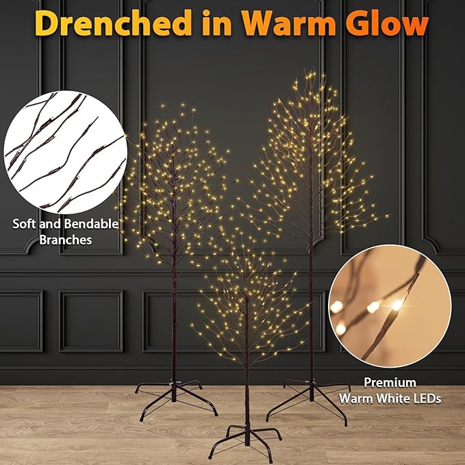 3ft & 5ft & 6ft Twinkling Twig Trees Set, with Warm White Lights, Indoor Outdoor Christmas & Wedding Decor(3 Sizes Pack)
