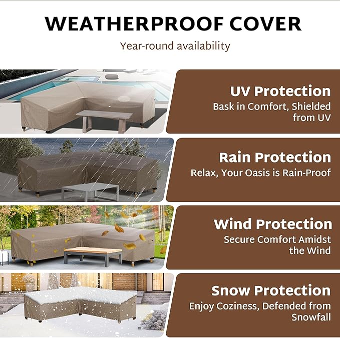 iBirdie Outdoor Patio Furniture Cover fit 104 x 83 inch, 103 x 80, 102 x 79 L-Shaped Sectional Sofa, Waterproof Weatherproof Heavy Duty 600D Garden Cover for Outside L Shape Couch, Brown