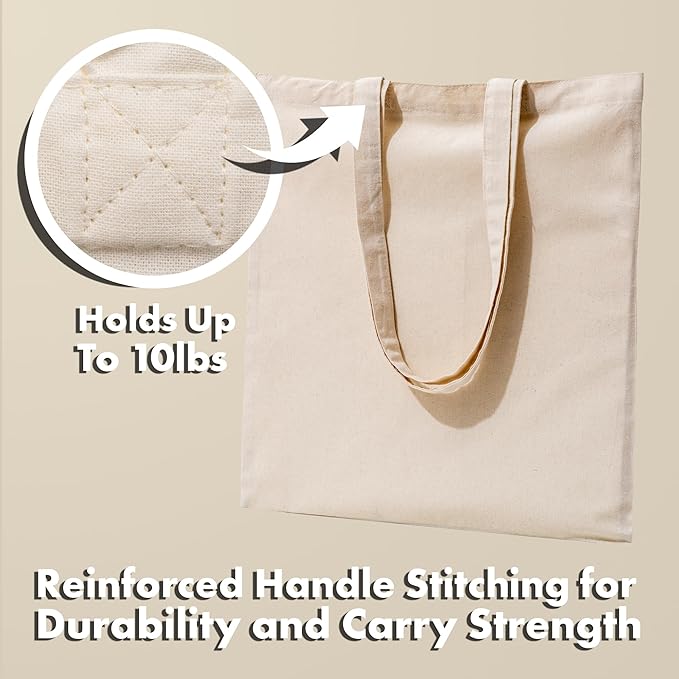 Carrywell (Not Made In China) Canvas Tote Bags 12-Pack, 15"x 16", Organic Cotton Reusable Shopping Bag, Blank Cloth Totes With Handles