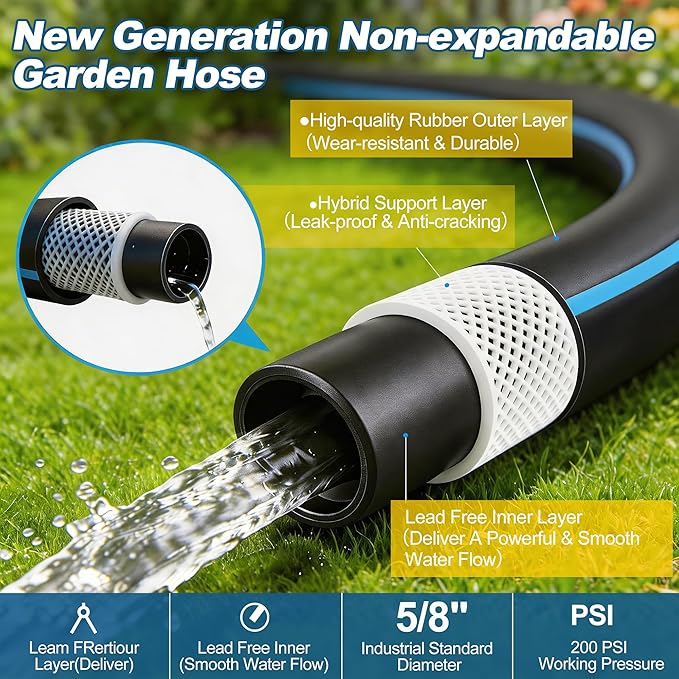 Flexible Garden Hose 100 FT NON-EXPANDABLE, Lightweight Kink-free Hybrid Outdoor Hose Pipe with Leakproof Connectors, Durable Heavy Duty Water Hose for Outside Watering, House Cleaning