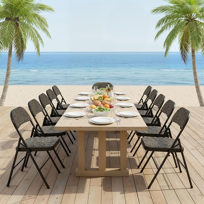 DUMOS 6 Pack Folding Chairs with Padded Cushion and Back - Fabric Stackable Portable Dining Chairs Set, for Home and Office, Conference, Wedding, Party, Patio, Garden, for Indoor Outdoor, Black Grey