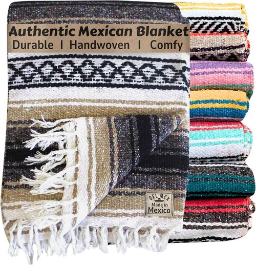 Authentic Del Mex Large Mexican Blanket - Woven Falsa Throw (70"x50") for Beach, Yoga & Outdoor Decor - Pink/Tan