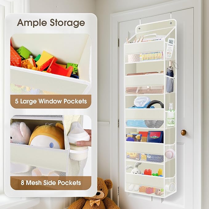 2 Pack Over The Door Organizer, Hanging Storage Organizer with Clear Window, 40lb Ultra Sturdy Large Capacity Room Organizer for Pantry Laundry Bathroom Nursery Closet (Beige)