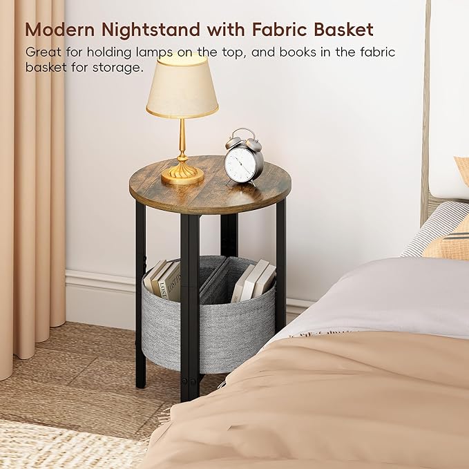 Vagusicc Small Round Side Table, Accent End Table with Storage Basket, Set of 2 Half Round Coffee Table End Table, Half Moon Bedside Table, Modern Nightstand Couch Table for Living Room Bedroom, Brown