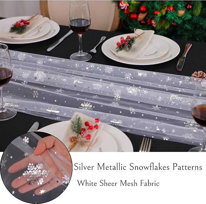 Snowkingdom 6 Pcs Christmas Snowflake Table Runners, 120 Inch Sheer Chiffon Gauze Cheesecloth, Silver Glitter Sequin Metallic Party Dining Table Decorations for Christmas Winter Holiday New Year