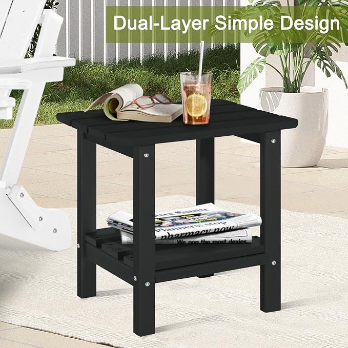 Outdoor Side Table Set of 2 - HDPE Small End Table - Patio Side Tables Square for Backyard Pool Porch Balcony - Indoor Outdoor Double Layer Storage - Black