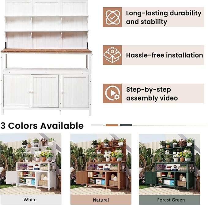 Christopher Knight Home Belfast 50.20" W Outdoor Potting Bench Table, Fir Wood Potting Table, Large Gardening Workstation with Storage Shelf, Ample Space Garden Tools Organizer for Backyard, White