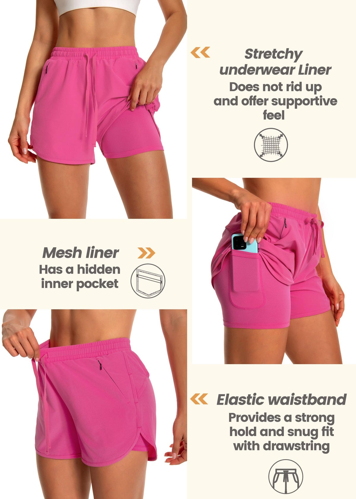 Hooxum Womens Running Athletic Shorts - High Waisted with Liner 2 in 1 Quick Dry Workout Gym Shorts Zipper Pockets,Hot Pink-M,2025