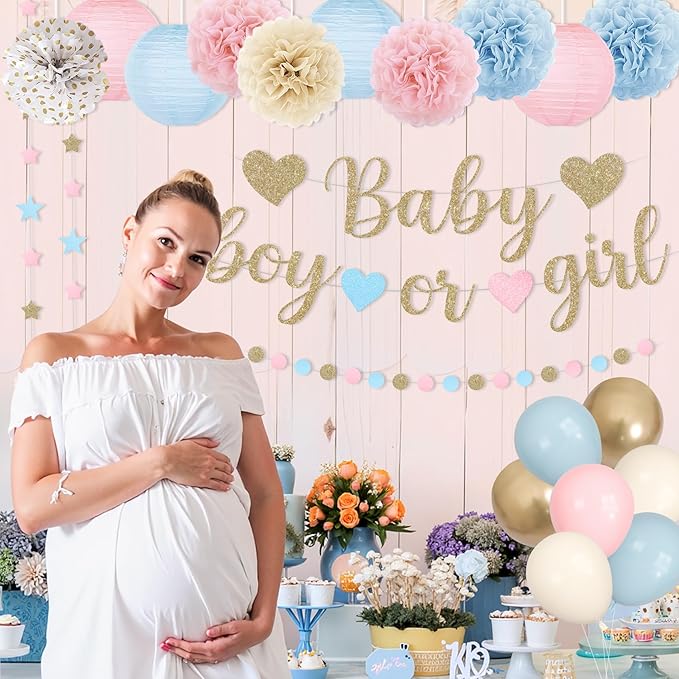 Ouddy Party Baby Gender Reveal Decorations, Pink Blue Sand White Balloons Glitter Boy or Girl Banner Moon Star Circle Garland Paper Tassels Lanterns for Boho Gender Reveal Birthday Party Supplies