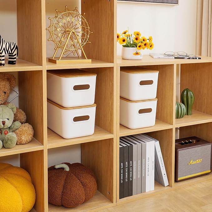 Citylife Storage Bins with Bamboo Lids 6QT Plastic Storage Containers Stackable Organizer Boxes with Handle for Desk Snacks, Toys, 4 PCS, 10" L x 7" W x 6.18" H