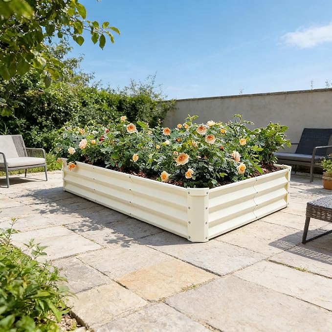 GARDMAX 8x4x1FT Galvanized Raised Garden Bed Kit, Metal Planter Boxes Outdoor with Easy Assembly, Large Garden Bed for Vegetables, Fruits, Flower, Herbs Rectangle Milk White