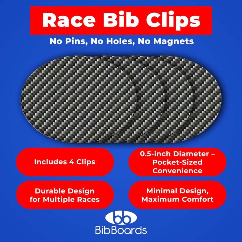 bibSNAPS Race Bib Clips - Safety Lock Fasteners - Secures Running, Marathon, Cycling and Event Number, Non Magnetic, Easy to Use, Soft & Reusable - Replacement for Pins & Magnets - Carbon Fiber (4pcs)