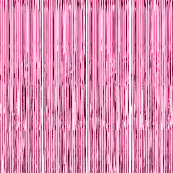 Thicken Pink Streamers 4 Pack 3.2 x 8.2 FT, Pink Birthday Decorations for Girls, Tinsel Backdrop Curtains, Foil Fringe Photo Backdrop for Bachelorette, Graduation, Baby Shower Party Decorations
