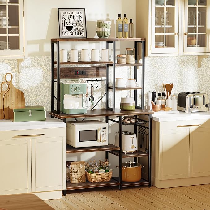 SUPERJARE Large Bakers Rack with Power Outlets, 6-Tier Microwave Stand, Coffee Bar with 12 S-Shaped Hooks, Kitchen Shelf with Wire Basket, 39.4 x 14.6 x 66.9 Inches, Rustic Brown