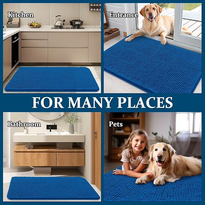 OLANLY Dog Door Mat for Muddy Paws 30x20, Absorbs Moisture and Dirt, Absorbent Non-Slip Washable Doormat, Quick Dry Chenille Mud Mat, Entry Indoor Entryway Carpet for Inside Floor, Deep Navy Blue