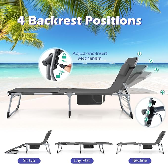GYMAX Tanning Chair, 3 in 1 Sun Bathing Lounge Chairs with Face/Arm Holes & Side Pocket, Portable Lightweight Face Down Layout Tanning Chair for Outside, Beach, Backyard, Poolside (1, Grey)