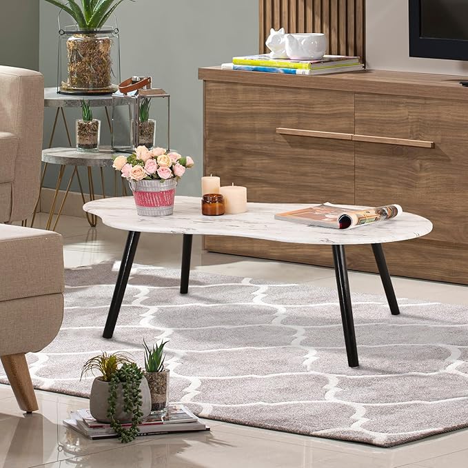 Small Coffee Table Cloud Shape Coffee Tables Unique White Wood Grain Tabletop Floor Table Farmhouse Rustic Decorative Center Sofa Table for Living Room Small Spaces