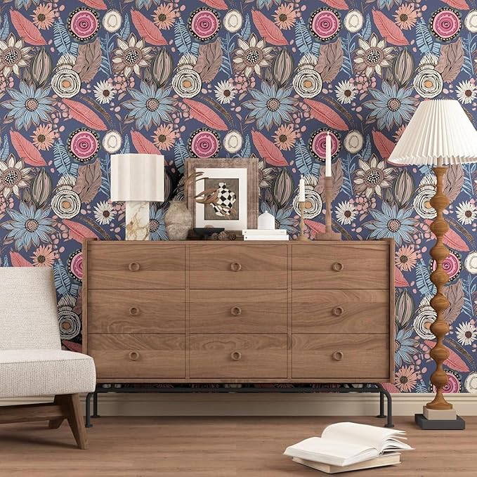 Boho Wallpaper Peel and Stick, Vintage Blue Pink Floral Contact Paper, Retro
