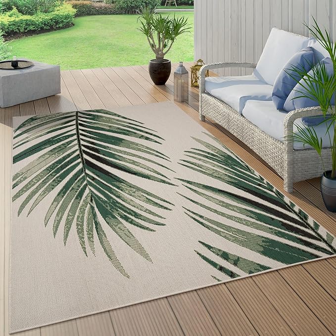 Paco Home Outdoor Rug Beige Green with Floral Palm Leaf Design Waterproof, Size: 7'10" x 11'2"