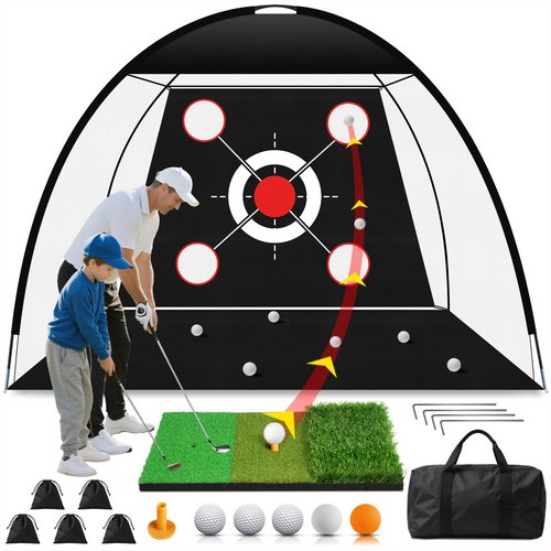 EXOEMTS Golf Net 10x7FT with Tri-Turf Mat, Ball, Target & Bag, All-in-One Golf Practice Hitting Net for Backyard Driving, Chipping & Swing, Indoor Outdoor Training Aid, Gift for Men Dad Him Golfer