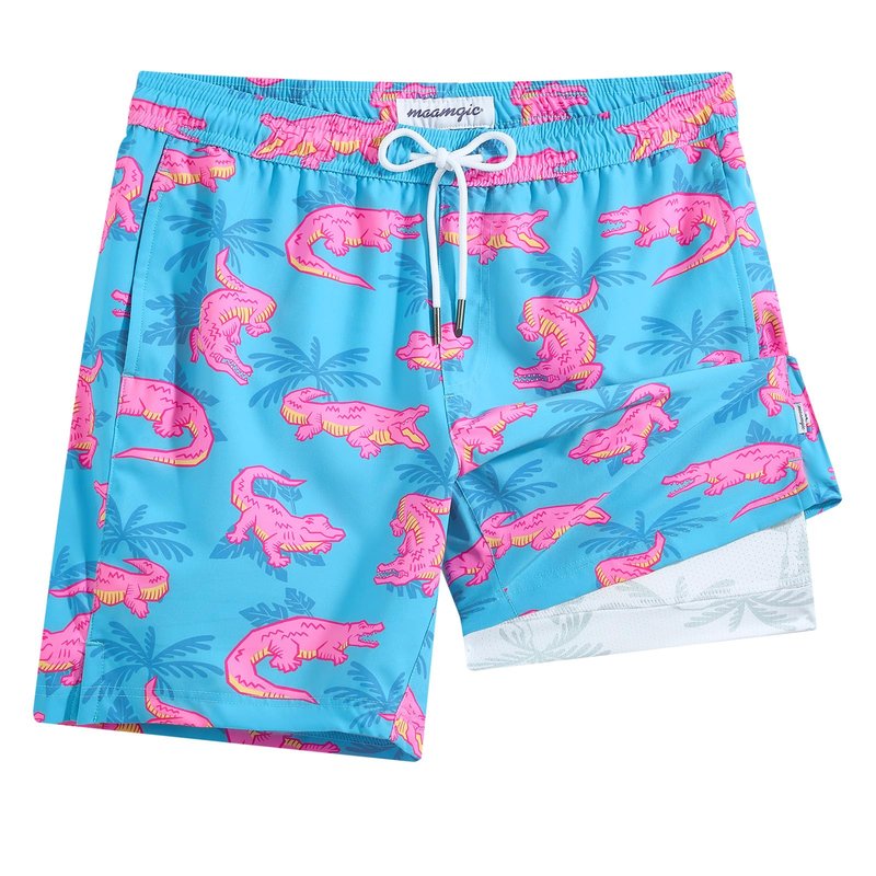 maamgic Mens Swim Trunks with Compression Liner 7 Inch Inseam Mens Bathing Suit Quick Dry Swimming Trunks Swimsuit Blue and Pink Crocodile XX-Large