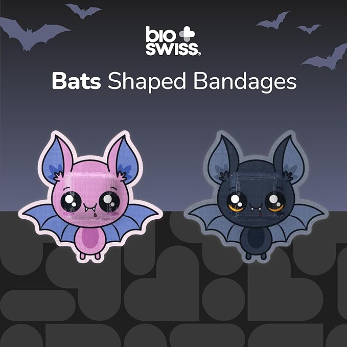 BioSwiss Kids Bandages, Halloween Bat Shaped Self Adhesive Bandage Set, Latex Free, Sterile Wound Care, 50 Count