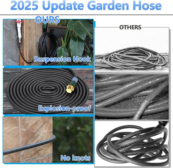 100 ft Non-expanding Garden Hose, 2025 Durable Water Hose, Leak-Proof Multi-Layer Outdoor Hose with Solid Brass Connectors Fittings for Lawn Car Watering Plants Cleaning, Black-Blue