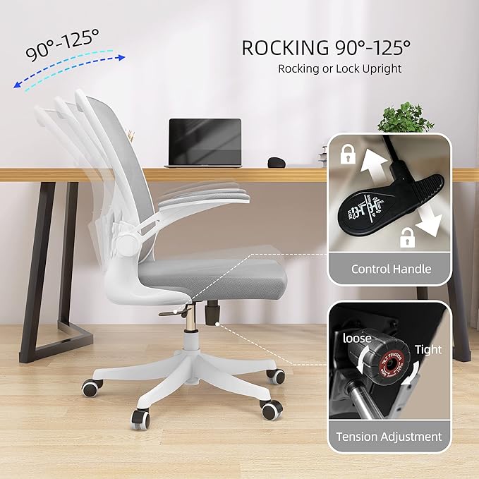 Monhey Ergonomic Office Chair, 90°-125° Tilt Back Home Desk Chair with 360° Swivel & Mute Wheels, High Back Mesh Computer Chair for Adults with Lumbar Support, 330 LBS Capacity (01White+Gray)