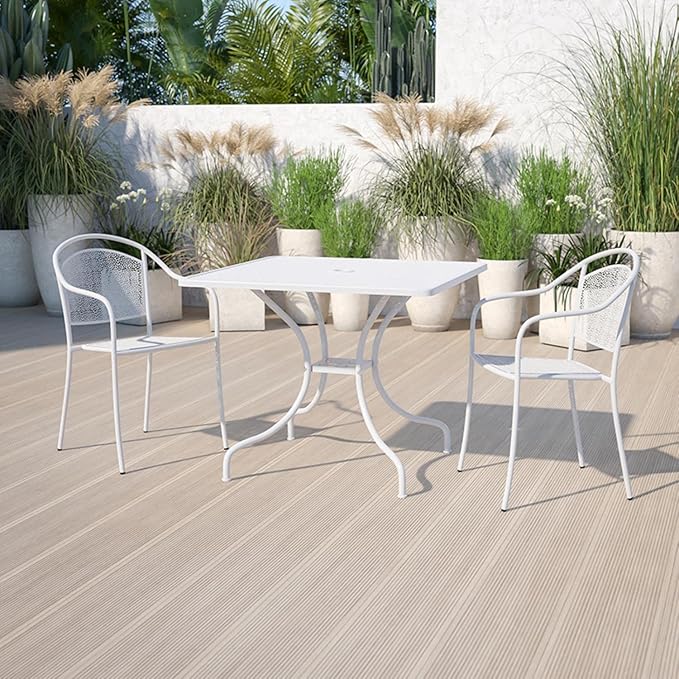 Flash Furniture Oia Commercial Grade 35.5" Square White Indoor-Outdoor Steel Patio Table with Umbrella Hole