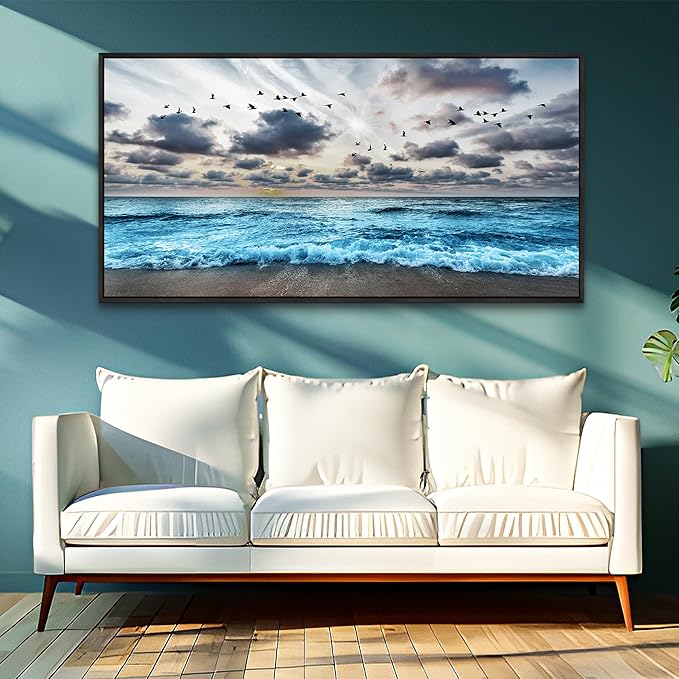 Wapluam Large Wall Decoration For Living Room Black Framed Canvas Wall Art For Bedroom Office Wall Decor Black And White Wall Painting Blue Sea Wave Pictures Artwork Modern Hotel Room Home Wall Art