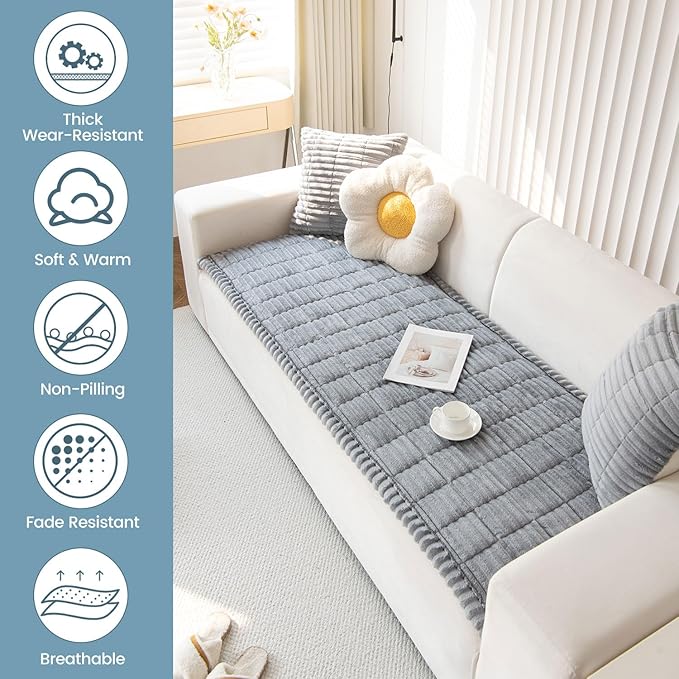 OTOB Couch Covers for 3 Cushion Sofa Pet Friendly, Plush Fuzzy Non Slip Sofa Covers Washable, Soft All Seasons Sofa Slipcovers Furniture Protector Dog Bed Mat (Gray, 27.6" x 82.7")